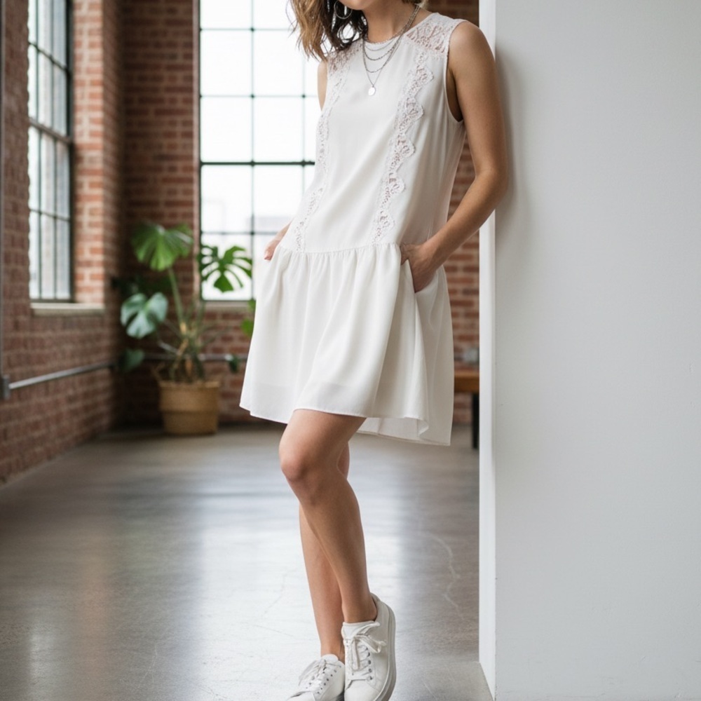 BCBGMaxAzria Ivory Lace-Trim Sleeveless Midi Dress